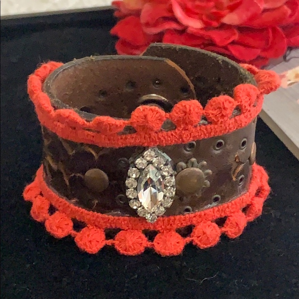 ⭐️Adorned Crown artisan assemblage Vintage leather coral bling cuff bracelet
